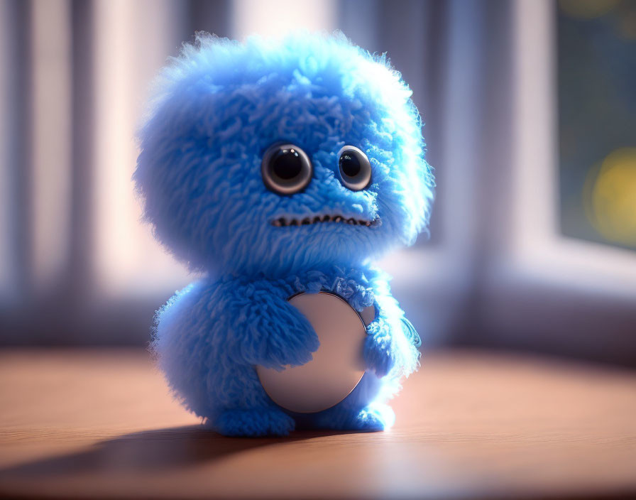 Blue fluffy toy with big eyes holding white egg indoors