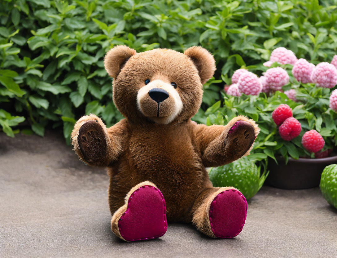 Brown plush teddy bear with pink paw pads on path with green bushes and pink flowers