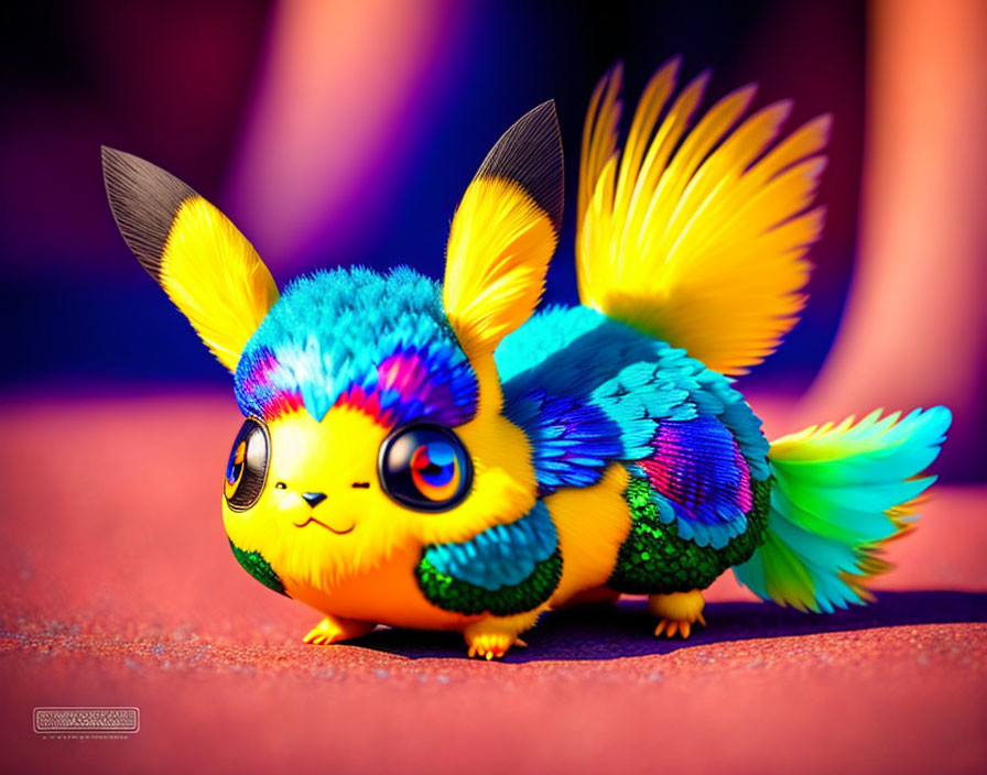 Colorful stylized creature with rabbit and bird features in vibrant blue, yellow, and orange colors.