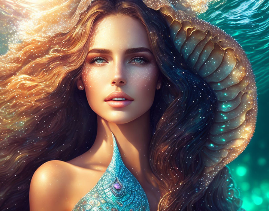 Vibrant digital mermaid art with flowing hair and shell backdrop