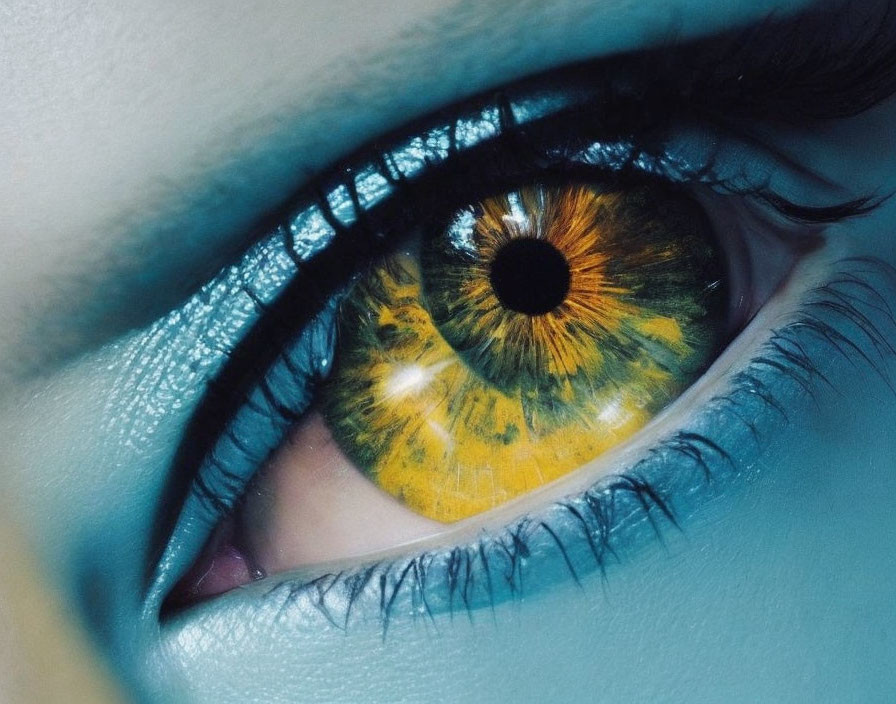 Detailed close-up of yellow iris with black eyeliner and blue eyeshadow
