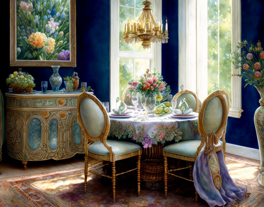 Luxurious Dining Room with Floral Centerpiece, Blue Furniture, Chandelier, and Paintings