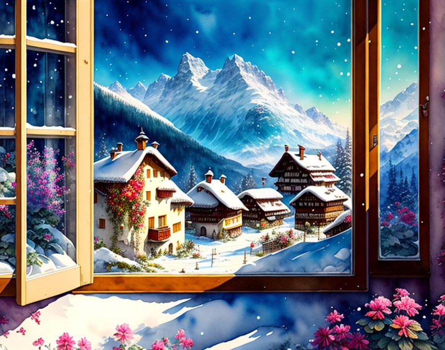 Snow-covered chalets and mountain backdrop seen through window with vibrant flowers.
