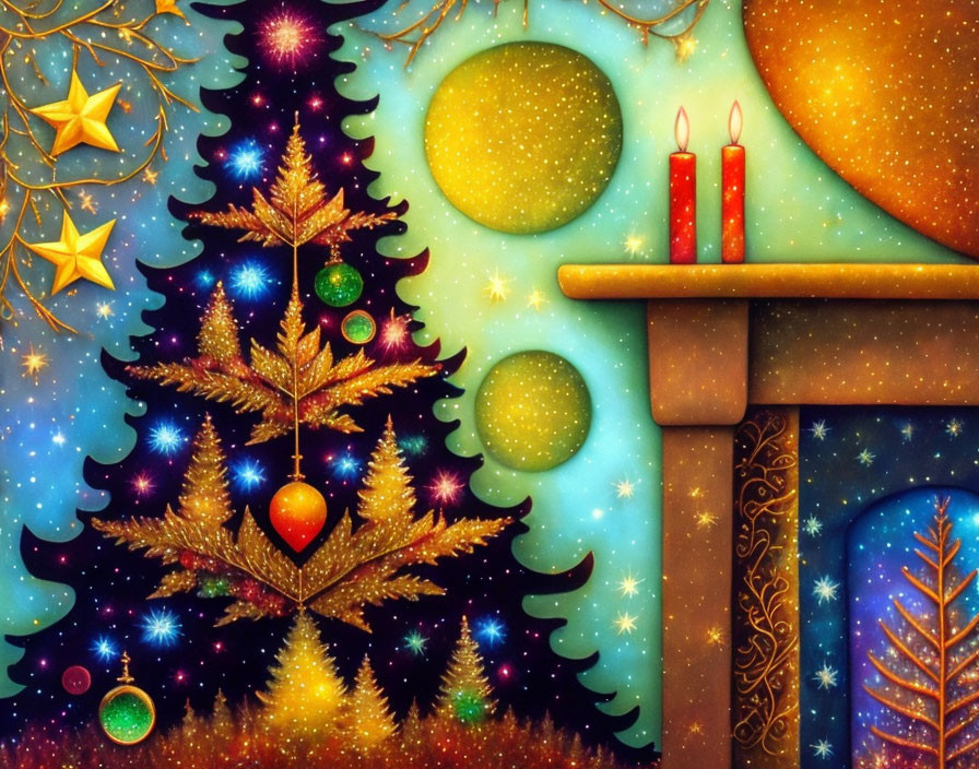 Festive Christmas tree and candles illustration on starry night sky