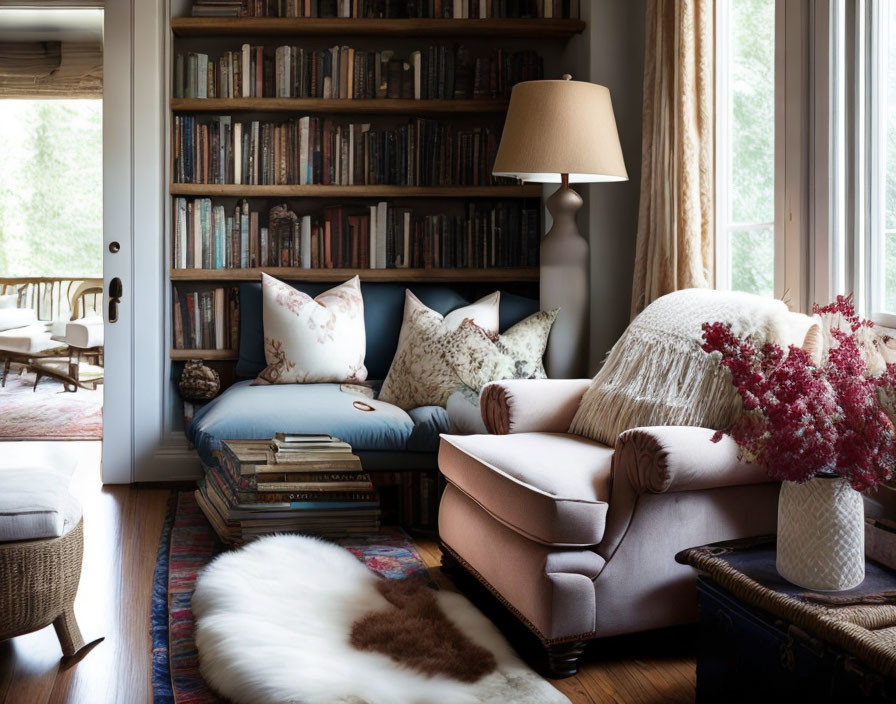 Inviting reading corner with plush sofa, bookshelves, warm tones, and natural light