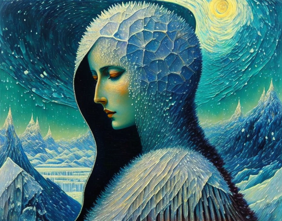 Surreal female figure with mountain landscapes and starry sky integration