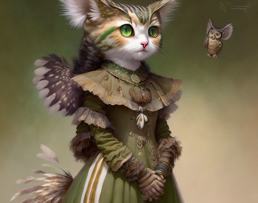 Anthropomorphic cat in Victorian dress with wings and owl on soft background