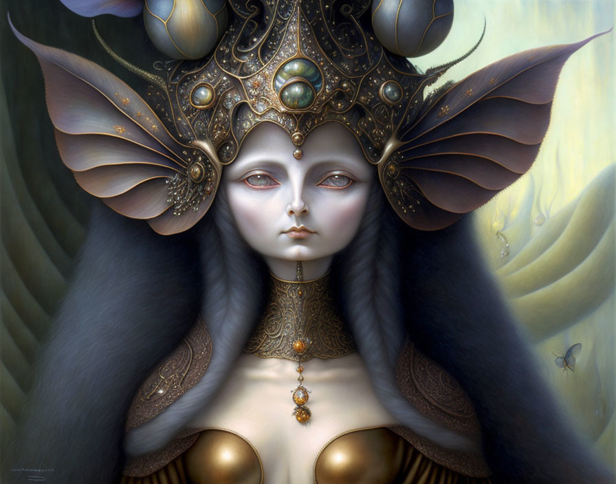 Surreal fantasy portrait of female figure with pale skin and exotic eyes, adorned with elaborate crown and