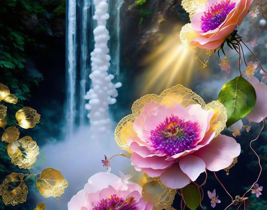 Pink Flowers and Gold Leaves with Waterfall and Sunlight Rays