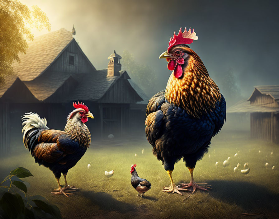 Colorful roosters in rustic farm scene with hen, chicks, and sunlit sky