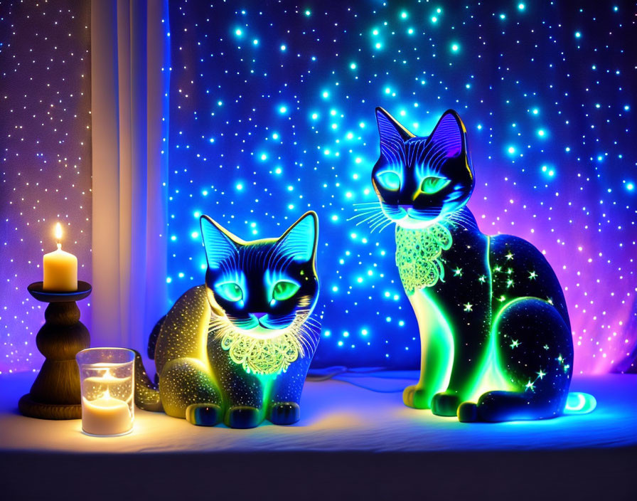 Luminescent cat figures with starry patterns by candle on windowsill