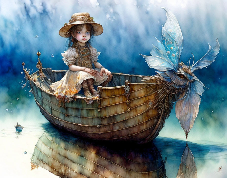 Young girl in vintage dress with blue fish in wooden boat by water