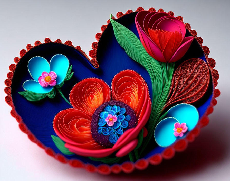 Colorful Quilled Paper Heart Art with Floral Designs on White Background