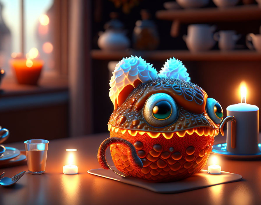 Whimsical 3D creature illustration with teapot resemblance, fish-like features, eyes, and