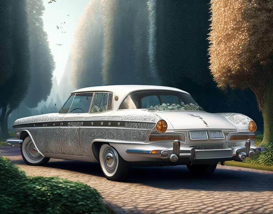 Vintage White Car with Ornate Patterns on Tree-Lined Road