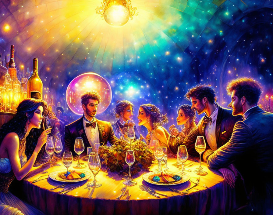 Elegant people conversing at round table under starry sky