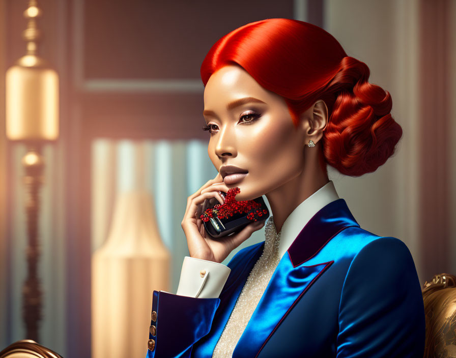 Vibrant red-haired woman in blue jacket with phone in luxurious setting