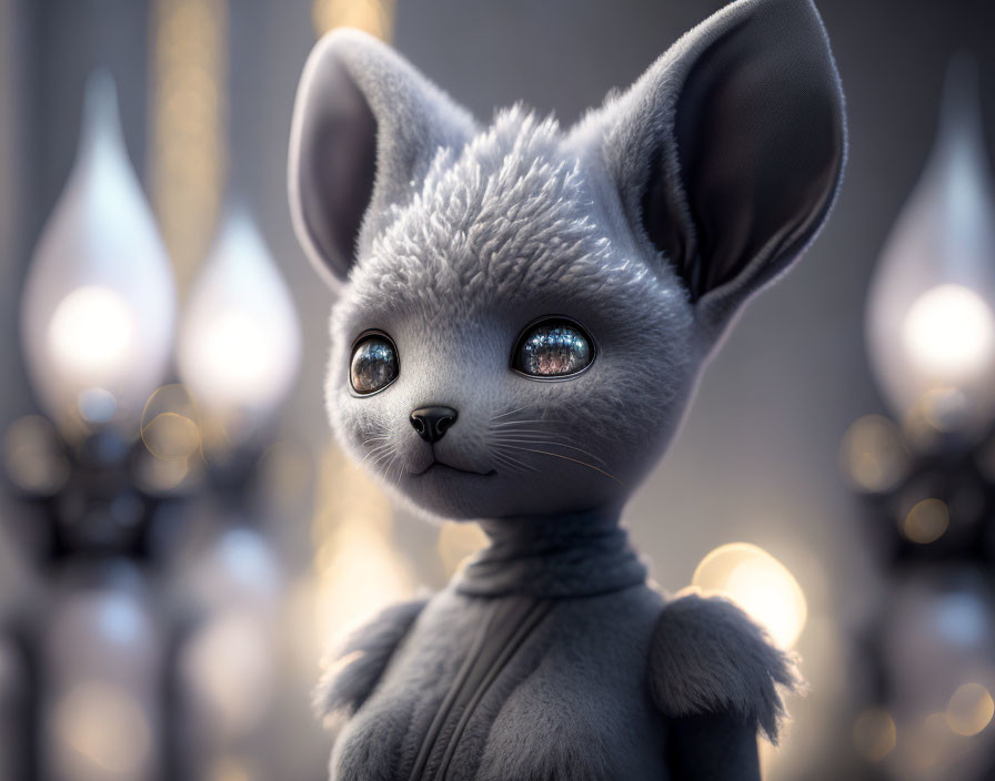 Stylized anthropomorphic grey cat in turtleneck against bokeh backdrop