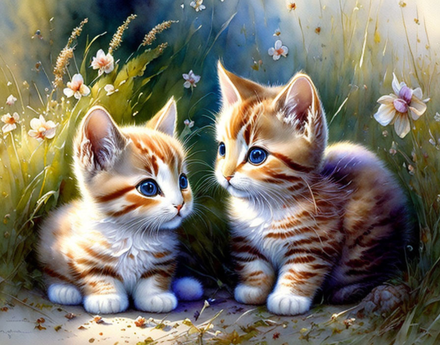 Two cute kittens with blue eyes in flower-filled field