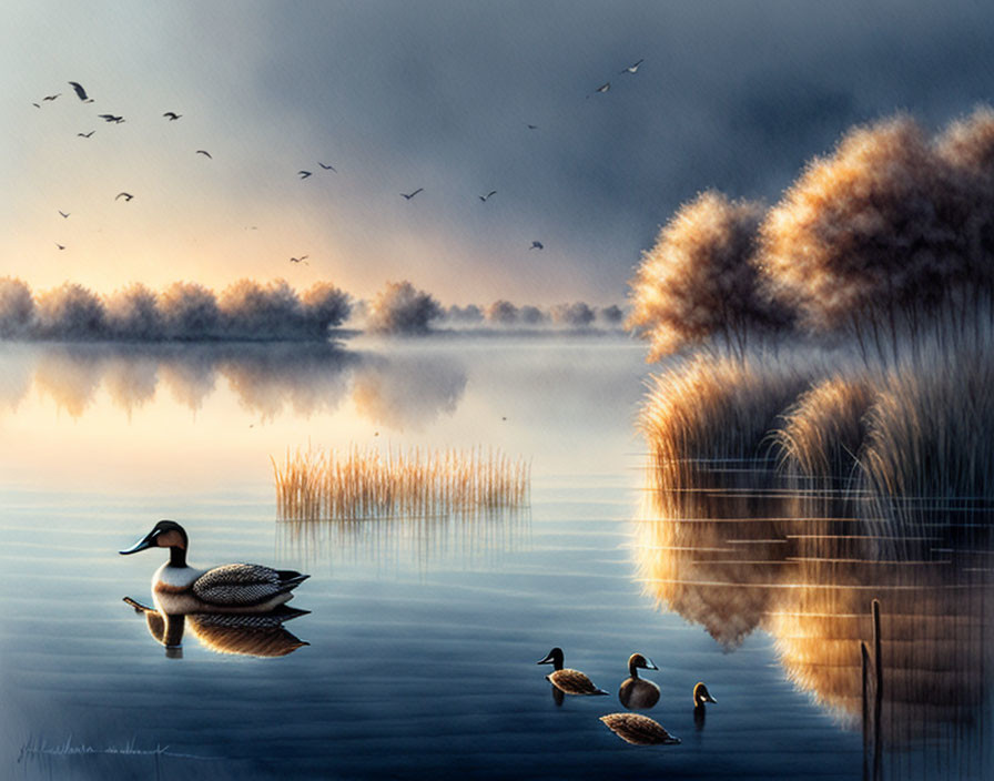 Tranquil lakescape at dusk with ducks, reeds, birds, mist, and warm light