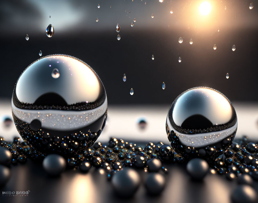 Reflective spherical objects with droplets in focus against blurred background.