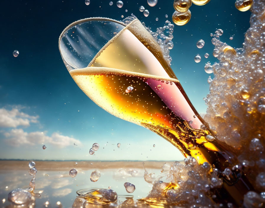 Champagne glass mid-splash against sunny sky