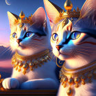Regal animated cats with golden crowns and jewelry under twilight sky