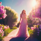 Elegant woman in gown in serene fantasy landscape with blossoming trees