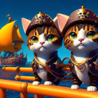 Animated kittens as pirates on a ship with a sunset backdrop