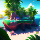 Colorful digital artwork: Fantastical floating island with lush tropical vegetation, clear blue sea, and