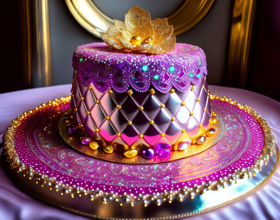 Purple-themed cake with golden crown topper and intricate icing patterns
