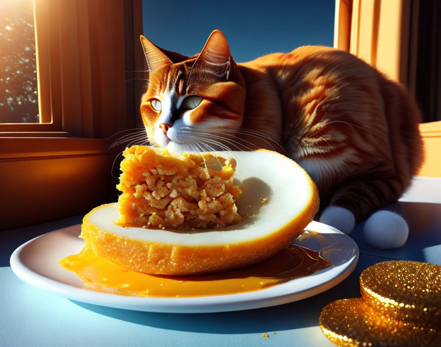 Orange Tabby Cat Sitting Next to Partially Eaten Pie in Sunlit Room