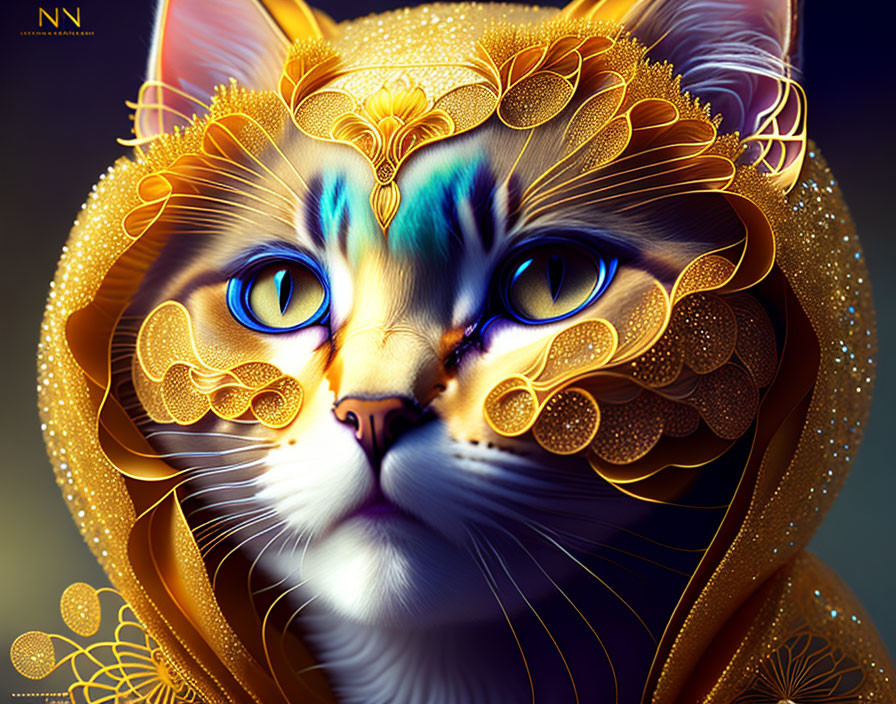 Digital Artwork: Cat with Blue Eyes and Golden Filigree Patterns