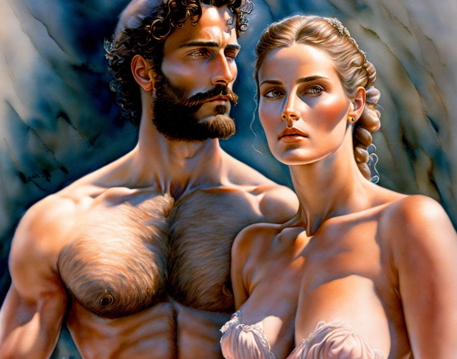 Muscular man and elegant woman in close pose exude classical beauty