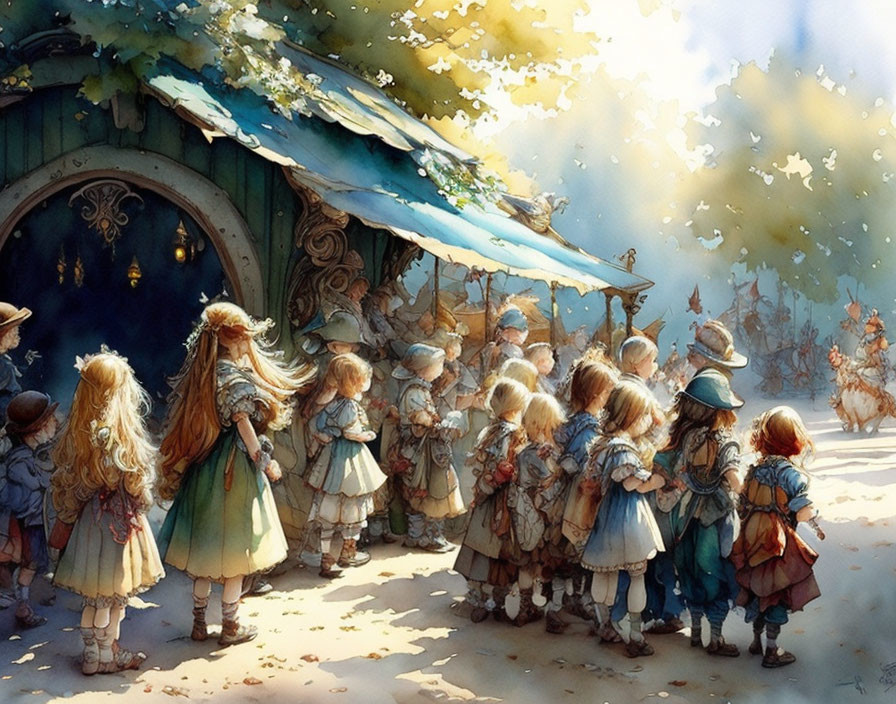 Whimsical dwarf-like children in vintage clothing by round, Hobbit-like door in snowy forest