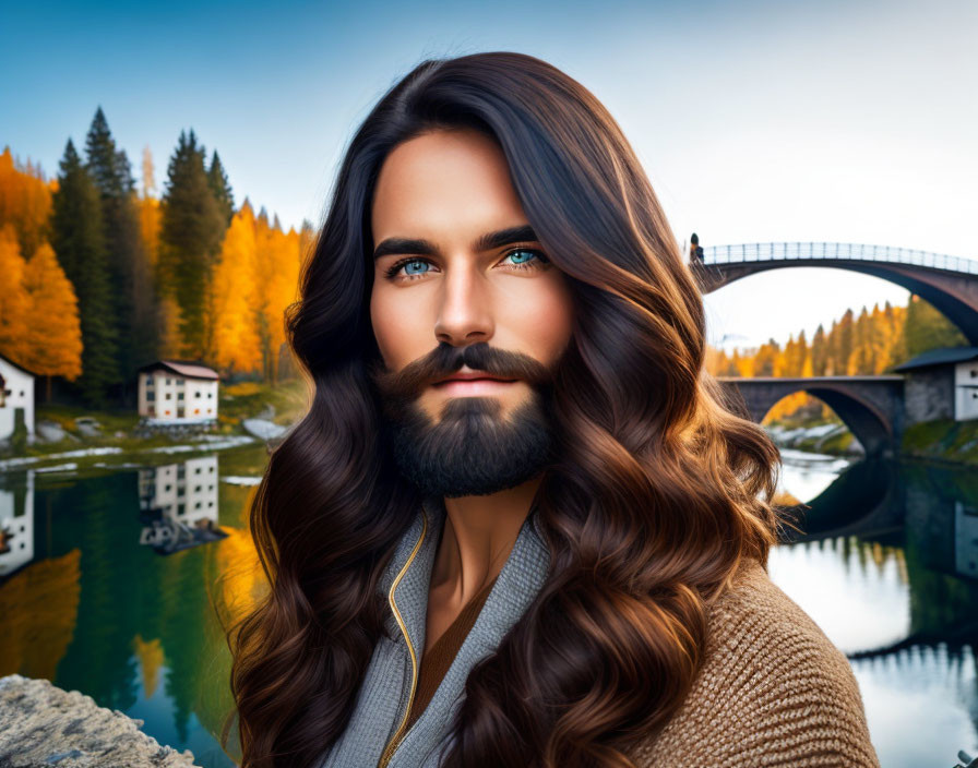 Man with Long Brown Hair and Beard in Autumnal Landscape with Bridge and Lake