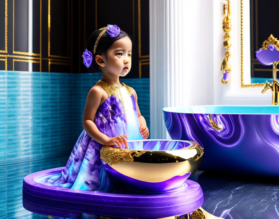 Child in Purple and Gold Outfit in Luxurious Bathroom