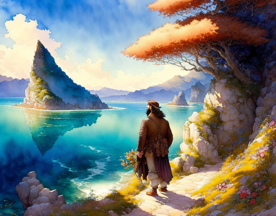 Tranquil landscape with person by serene waters & lush mountains