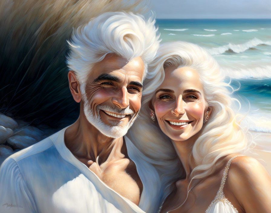 Elderly couple with white hair smiling on beach with waves and rocks