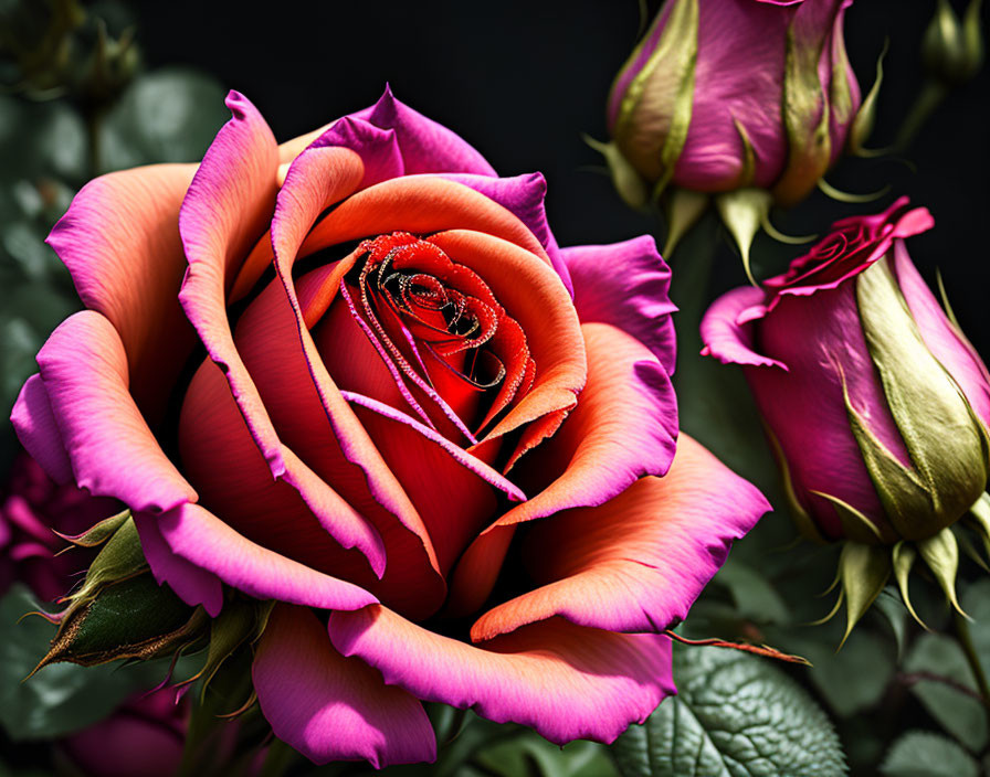 Vibrant pink rose with water droplets on petals against dark background