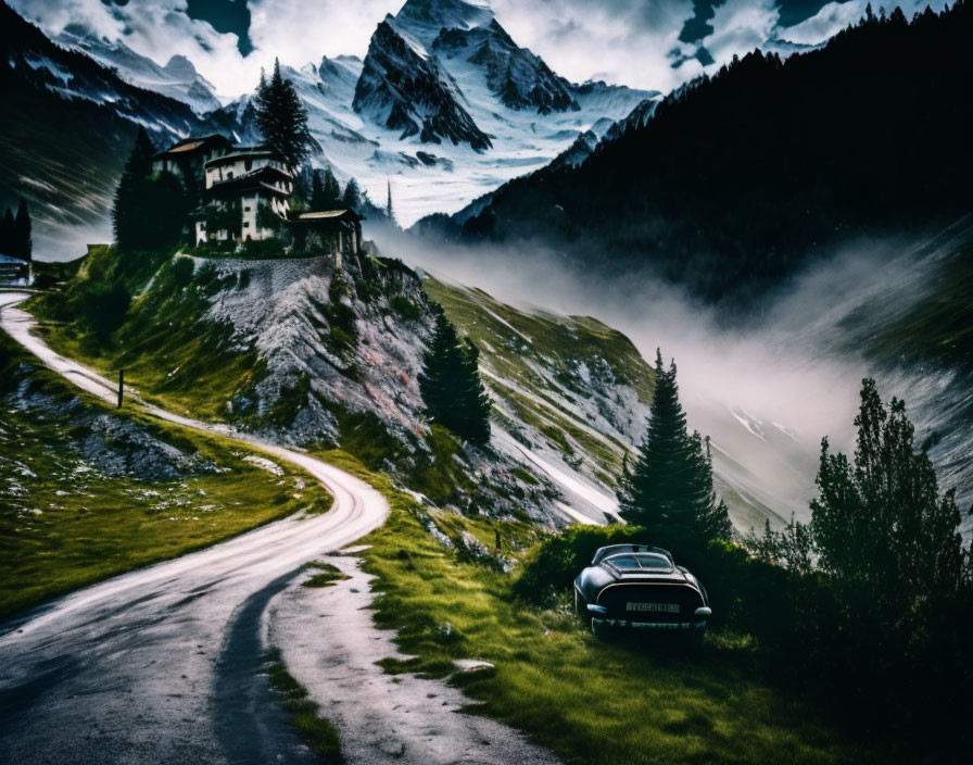 Mountain road with parked car near stone house, snow-capped peaks, cloudy sky