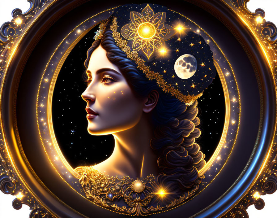 Celestial-themed woman portrait with moon, stars, and golden jewelry on dark backdrop