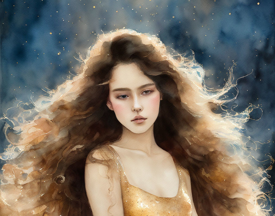 Young woman with flowing hair in watercolor against starry night backdrop