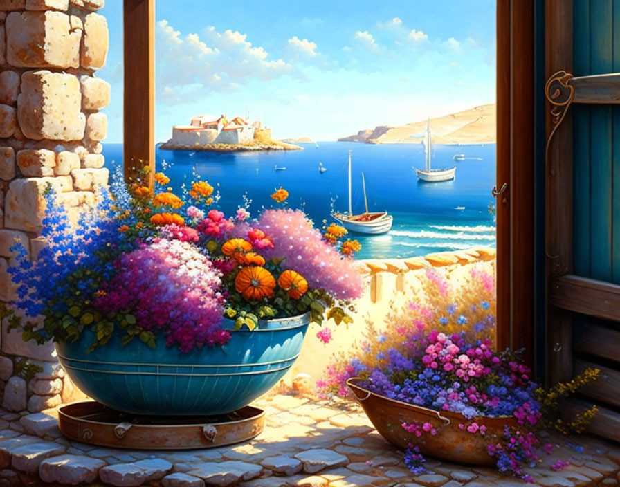 Colorful seaside view with flowers and boats in vibrant painting