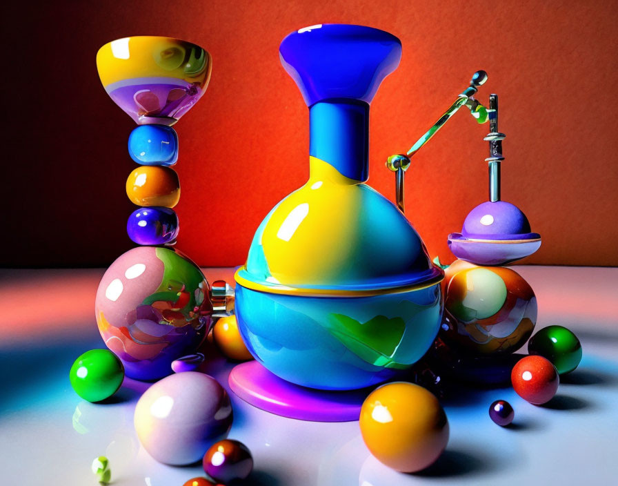 Vibrant glass orbs and whimsical sculpture on reflective surface