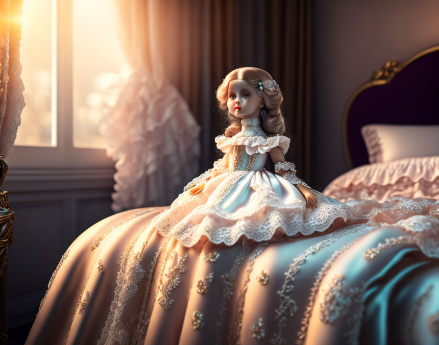 Vintage porcelain doll in antique dress on velvet cushion by window with golden light