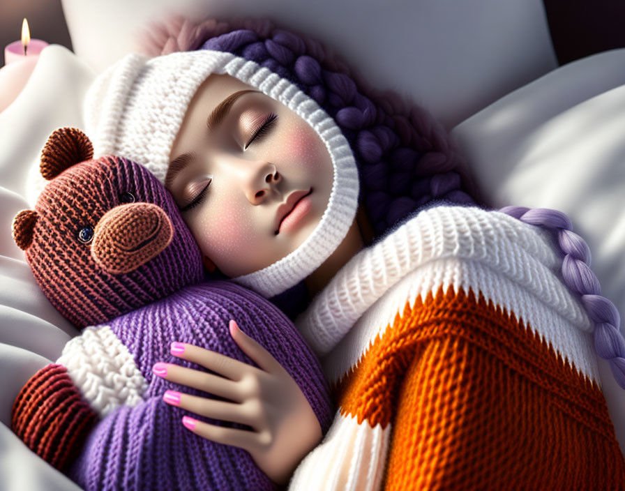 Girl sleeping with purple teddy bear in cozy attire and blanket