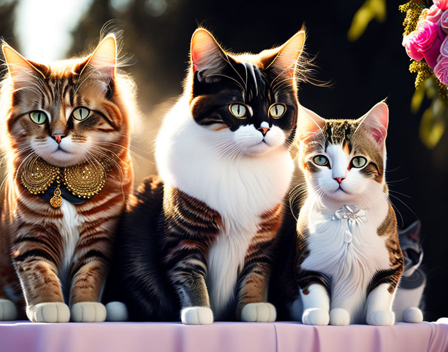 Three Elegant Cats with Unique Fur Patterns and Accessories Sitting Together