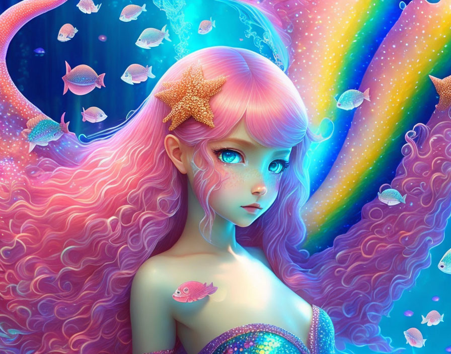 Colorful artwork featuring girl with pink hair and blue skin in underwater fantasy scene