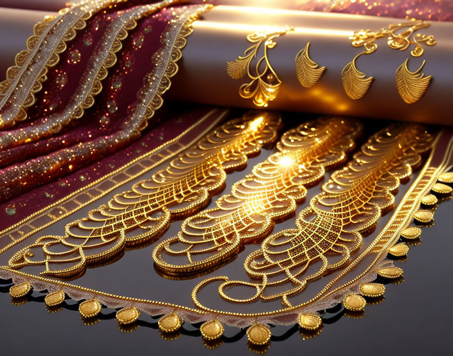 Intricate Golden Fabric Border with Hanging Embellishments Beside Burgundy Fabric